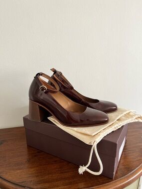 Bobbies “Lucia” Dark Brown Patent Leather Block Heel Pumps with Ankle Strap